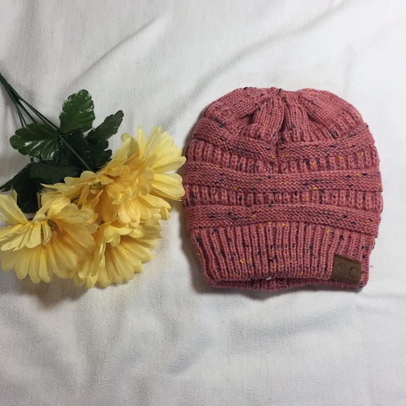 C.C Accessories - C.C “messy bun” pink/multicolored beanie 💕
